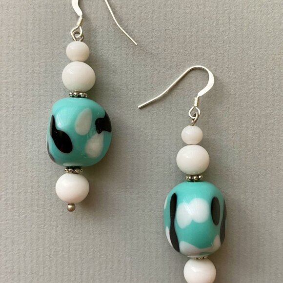 Handcrafted Japanese Turquoise Abstract Glass Bead Earrings - Picture 2 of 4